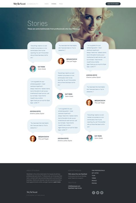 About page web design for StyleSeat by Megumi Tanaka. I love the three-column layout with the testimonials in speech bubbles! Testimonial Page Design Website, Testimonials Web Design Inspiration, Testimonial Design Website, Review Design Layout, Review Page Design, Website Testimonial Design, Testimonial Page Design, Reviews Web Design, Testimonial Design Layout