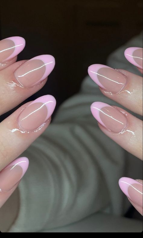 Nail Ideas Acrylic Round, Nail Inspo Acrylic Almond French Tip, Acrylic Nail Designs Short Almond French Tip, Short Almond Nail Ideas French Tip, Almond Nails Pink Tip, Trendy Spring Nails 2023 Almond, Almond Nail Ideas Pink, Soft Feminine Nails, Cute January Nails Almond