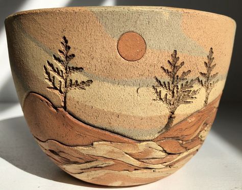 Carved Art Studio Pottery Bowl 5.75” Vtg Mid Century Landscape Trees Sun Moon | eBay Landscape Pottery Ideas, Carving Pottery Bowl, Mountain Carving Pottery, Pottery Designs Bowl, Nature Pottery Ideas, Carved Bowls Ceramics, Landscape Mug, Fall Pottery Ideas, Pottery Bowl Ideas