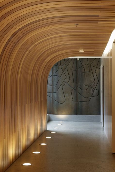 wood ceiling, curved, up-lighting Deco Spa, Blitz Design, Elevator Lobby, Corridor Design, Wood Architecture, Patio Canopy, Curved Wood, Curved Walls, Lobby Design