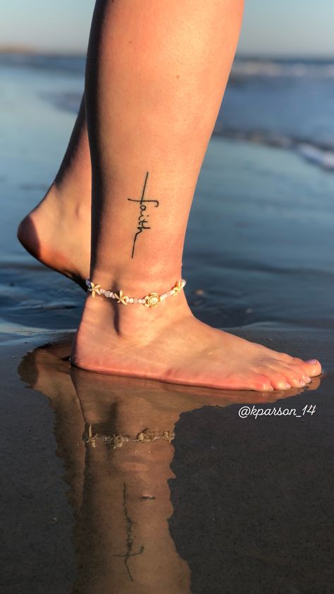 Bible Verse Tattoos For Women On Leg, Tattoos Of Faith For Women, Faith Leg Tattoo, Tattoos For Women Faith, Faith Wrist Tattoos For Women, Small Leg Tattoos Women Ankle, Cute Small Ankle Tattoos, Faith Tattoo Ankle, Tattoo Ideas Female Faith