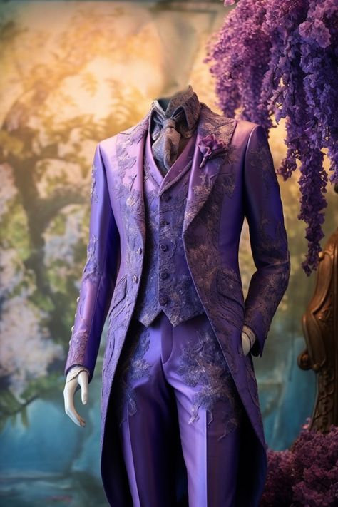 Wisteria inspired suit Fairytale Wedding Suit, Ball Suits For Men, Fairytale Suit, Fantasy Wedding Suit, Suit With Train, Purple Groom Suit, Fantasy Suits Male, Purple Suits For Men, Purple Wedding Suit