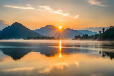 A sunset over a lake with mountains in t... | Premium Photo #Freepik #photo #daybreak #sunrise #tranquil-scene #lake Landscape Inspiration Photography, Bedroom Ideas Sloped Ceiling, Nature Scenes Landscapes, Buddha Birth, Mountain Background Landscape, Ceiling Bedroom Ideas, Sloped Ceiling Bedroom Ideas, Sunrise Over Water, Bedroom Sloped Ceiling