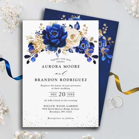 Invitación Royal Blue Yellow Gold Floral Bridal Shower Invita | Zazzle.com Metallic Wedding, Gold Wedding Theme, Spring Wedding Invitations, Men Party, Bridesmaid Invitation, Garden Wedding Invitations, Elegant Bouquet, Floral Save The Dates, Wedding Anniversary Invitations