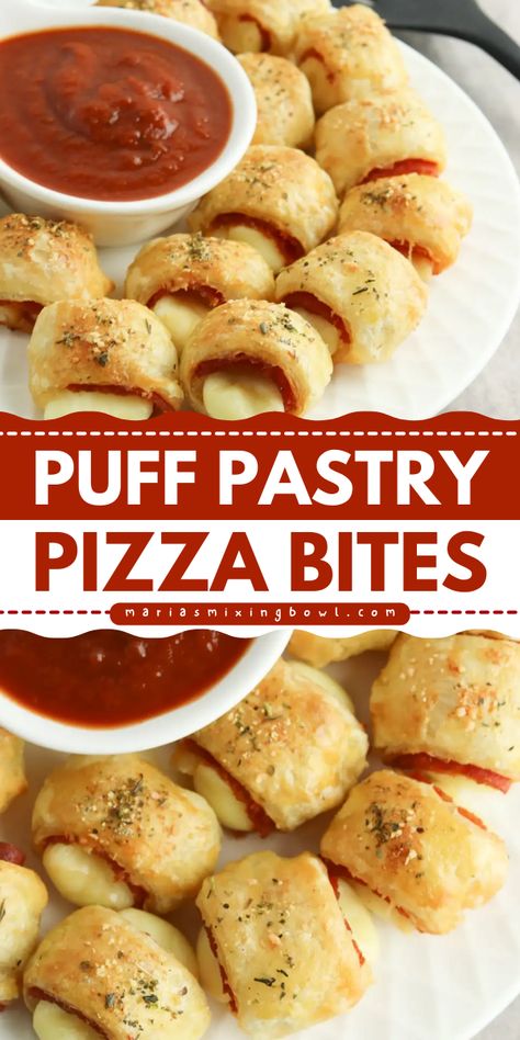 Need an easy appetizer recipe for a crowd? Serve up this pizza finger food. This fun party snack is one of the best game day recipes. Loaded with cheese and pepperoni, these Puff Pastry Pizza Bites are sure to be a hit! Finger Food For Party Easy, Dinner Recipe With Puff Pastry, Appetizer Recipes Game Night, Puff Pastry Supper Ideas, Christmas Bake Day Ideas, Easy Pizza Bites Recipe, Dinners With Puff Pastry, Games Day Food, Puff Pastry Pizza Appetizers