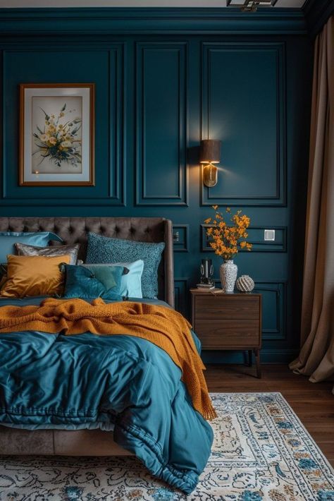 Teal Color Palette Bedroom, Teal And Copper Bedroom, Teal Blue Bedroom, Dark Teal Bedroom Ideas, Teal Bedroom Walls, Dark Teal Bedroom, Bedroom Teal, Teal Accent Walls, Copper Bedroom