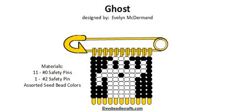 ghost.gif 720×345 pixels Ghost Gif, Punk Crafts, Safety Pin Jewelry Patterns, Friendship Pins, Safety Pin Art, Halloween Beaded Jewelry, Safety Pin Crafts, Pony Bead Projects, Seed Bead Art