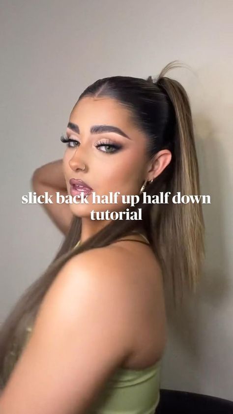 Hairstyles For Medium Length Hair Slick, Oily Hair Styles Hairstyles, Going Out Hair Ideas, Slicked High Ponytail, Cute Going Out Hair, Long Hair Slick Back Women, Hair For The Club, Slick Hairstyles Long Hair, Slik Hairstyle Down