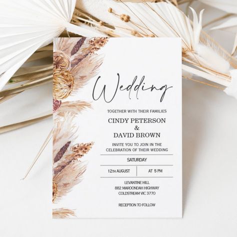 Modern Boho Pampas Grass Wedding Invitation #zazzle #weddinginvitations #birthdayinvitations #babyshowerinvitations #zazzleinvitations #monogram #businesscards #graduation #homedecor Calligraphy Heading, Boho Pampas Grass Wedding, Pampas Grass Wedding Invitation, Terracotta Wedding Invitations, Black White Wedding Invitations, Wedding Invitation Boho, Popular Wedding Invitations, Wedding Invitation Modern, Boho Wedding Invitations