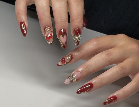 Red Nails, A Woman, Nail Polish, Nail Art, Nails, Red, Gold, White, Art