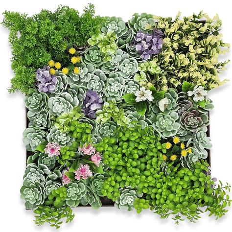 PRICES MAY VARY. HOME DECOR ACCENT - Mounted on a PE wall frame, this artificial living wall boasts a stunning mix of artificial succulents mixed with other realistic plants. CRAFTED FROM QUALITY MATERIALS - Designed by succulent experts, each frame is constructed from high-quality materials to capture the natural beauty of succulents. The artificial plants are truly life-like and natural. INDOOR OR OUTDOOR - Constructed of durable weatherproof materials. This UV stable wall art can be used outd Faux Greenery Decor, Frame Plants, Foliage Art, Artificial Succulent Arrangements, Succulent Wall Planter, Nouveau Illustration, Fairy Bedroom, Greenery Wall, Living Wall Art