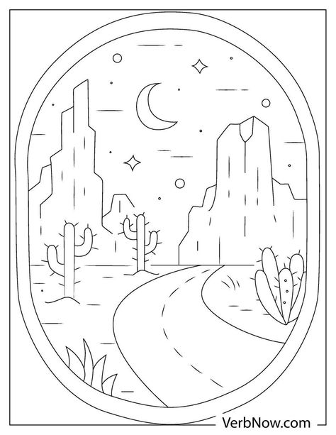 Desert Coloring Pages Free Printable, Sunset Coloring Pages, Desert Coloring Pages, Landscape Coloring Pages, Doodles Design, Summer Themes, House Colouring Pages, Adult Coloring Designs, Adult Coloring Book Pages