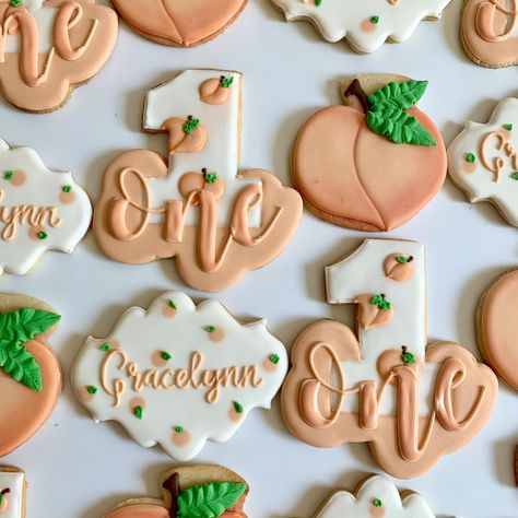 Sweet As A Peach First Birthday Cookies, Peach First Birthday Cookies, Peach Birthday Cookies, Sweet As A Peach First Birthday Cake, One Sweet Peach Birthday Cookies, Sweet As A Peach Cookies, Peach Color Birthday Theme, Peachy One Birthday, Peach Themed First Birthday Party