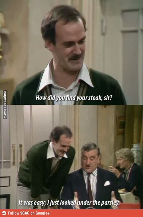 Yes I Know "Fine Dining", but Still Hungry! Fawlty Towers, John Cleese, British Humour, Funniest Pictures Ever, British Humor, Tv Comedy, Tv Tropes, British Comedy, Monty Python