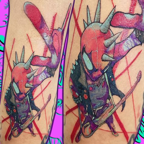 #spiderpunk #tattoo #ink #colors Across The Spider Verse Tattoo, Spider Punk Tattoo, Spider Verse Tattoo, Colorful Tattoo Sleeve, Archer Pam, Marvel Tattoo Ideas, Spider Man Tattoo, Punk Tattoo Ideas, Tattoo Ink Colors