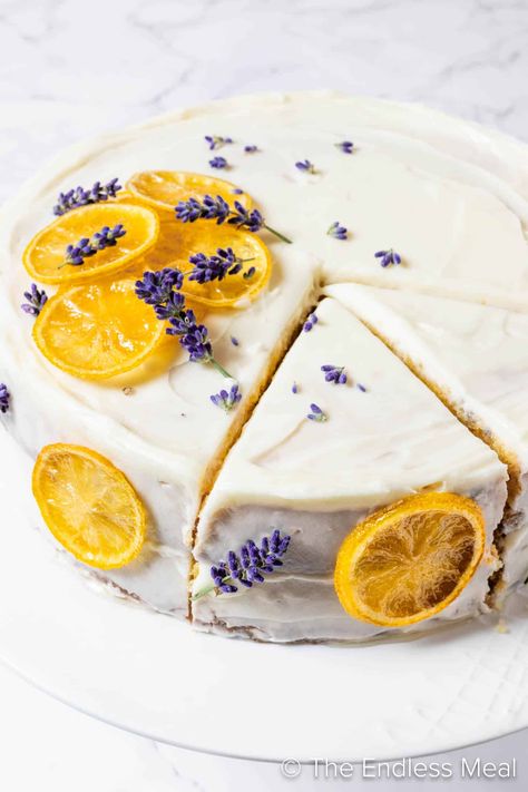 Lavender Lemon Cake, Lavender Cake Recipe, Lemon Lavender Cake, Lavender Dessert, Lemon Meringue Pie Easy, Candied Lemon Slices, Vegan Lemon Cake, Mother's Day Celebration, Lemon Layer Cakes