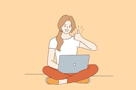 Happy smiling woman cartoon character si... | Premium Vector #Freepik #vector #freelancer #working-laptop #busy-woman #woman-computer Character Sitting, Minimal Drawing, Work Cartoons, Sitting On Floor, Thumbs Up Sign, Woman Cartoon, Cartoon Expression, Sitting Cross Legged, Minimal Drawings