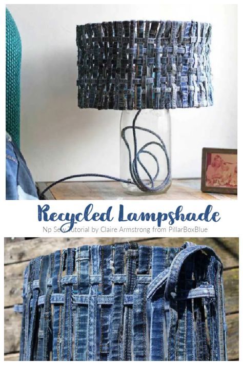 DIY Recycled Denim Lampshade No-Sew Tutorial | Fabric Art DIY Denim Lampshade, Denim Furniture, Fabric Art Diy, Artisanats Denim, Fabric Lantern, Fabric Basket Tutorial, Textile Recycling, Denim Crafts Diy, Diy Sweater