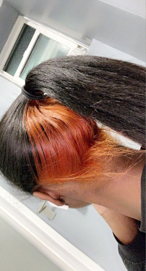 Silk Press Natural Hair Skunk Strip, Hair Dye Back Of Head, Black And Blonde Hair Natural, Brown Hair With Red Skunk Stripe, Ginger Striped Hair, Under Diy Hair, Peekaboo Silk Press, Orange Skunk Stripe, Colored Skunk Stripe Hair