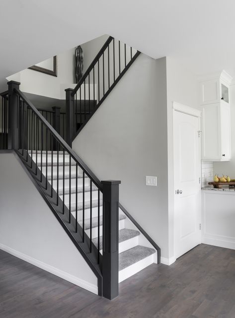 Black And White Staircase With Gray Floors, Gray Banister Staircases, Grey Staircase, Grey And White Hallway, Grey Hallway Ideas, Scandi Hallway, Tiled Staircase, Custom Home Build, Transitional Staircase