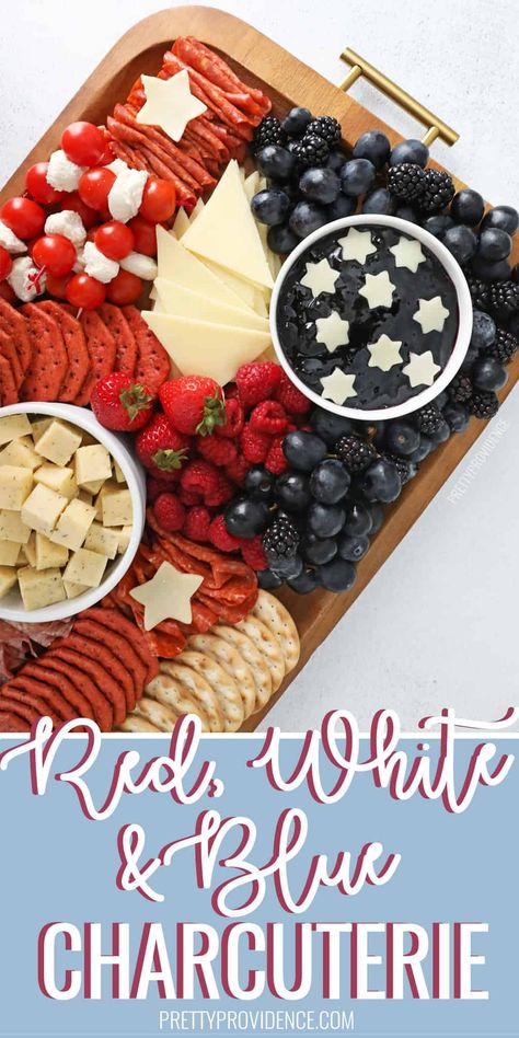 Make this easy charcuterie board with red, white, and blue foods - this is the perfect 4th of July snack to bring to a BBQ or picnic!  via @prettyprovidnce Red White And Blue Charcuterie Board Ideas, Fourth Of July Food Charcuterie, 4th Of July Fruit Platter Ideas, Chacutery Board 4th Of July, 4th Of July Charcuterie Board Simple, Fruit Charcuterie Board 4th Of July, 4th Of July Food Charcuterie Board, Easy 4th Of July Charcuterie Board, 4th Of July Kids Charcuterie Board