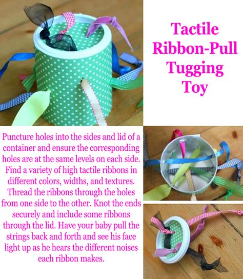 Help your baby learn about different textures and sounds with this Tactile Ribbon-Pull Tugging Toy. Scarf Pull Activity, Ribbon Pulling Activity, Diy Infant Toys, Diy Gifts For Babies, Playschool Activities, Quiet Bags, Diy Nursery Ideas, Independent Work Tasks, Imagination Tree