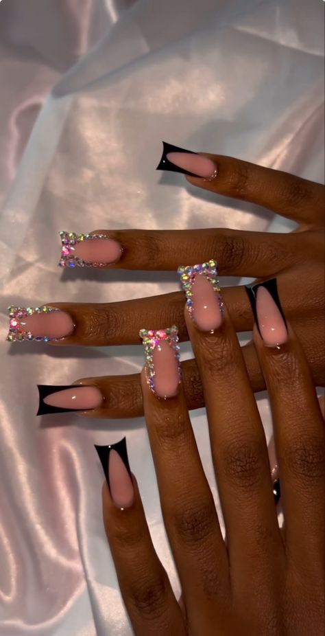 White Tip Acrylic Nails With Diamonds, Nails Idea Black Women, Nude Nails With Initial, Simple Bling Acrylic Nails, Birthday Nails 19, 15 Birthday Nails, Square Nails With Stiletto Pinky, New Years Outfit Black Women, Birthday Nails Medium Length