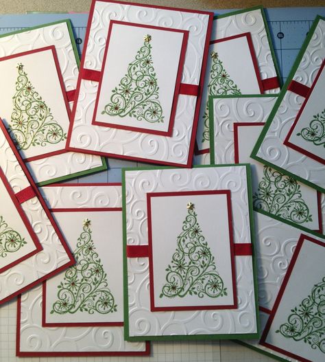 Stampin Up Christmas card.  I like the overall concept and idea of this card. Stamp Scrapbook, Xmas Projects, Christmas Card Inspiration, Tree Stamp, Homemade Christmas Cards, Stampin Up Christmas Cards, Christmas Tree Cards, Tree Cards, Stampin Up Christmas