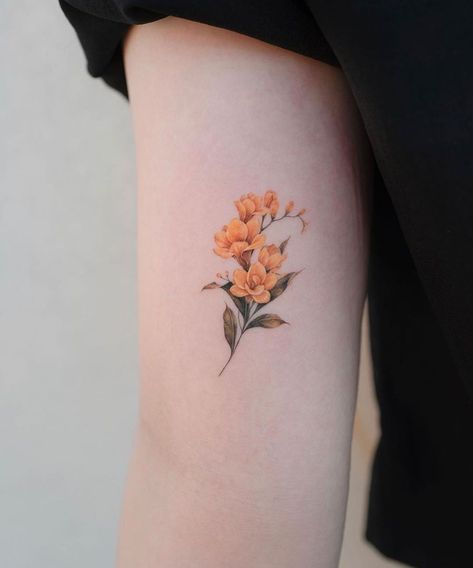 SOL TATTOO STUDIO (@studiobysol) posted on Instagram: “Freesia Studiobysol _ @donghwa_tattoo #studiobysol #koreantattoo #koreantattooshop #flowertattoo #freesiatattoo” • Jun 13, 2020 at 11:31am UTC Yellow Flower Tattoos, Small Flower Tattoos For Women, Flower Tattoos Ideas, Delicate Flower Tattoo, Moth Tattoo Design, Party Tattoos, Scar Tattoo, Bouquet Tattoo, Small Flower Tattoos