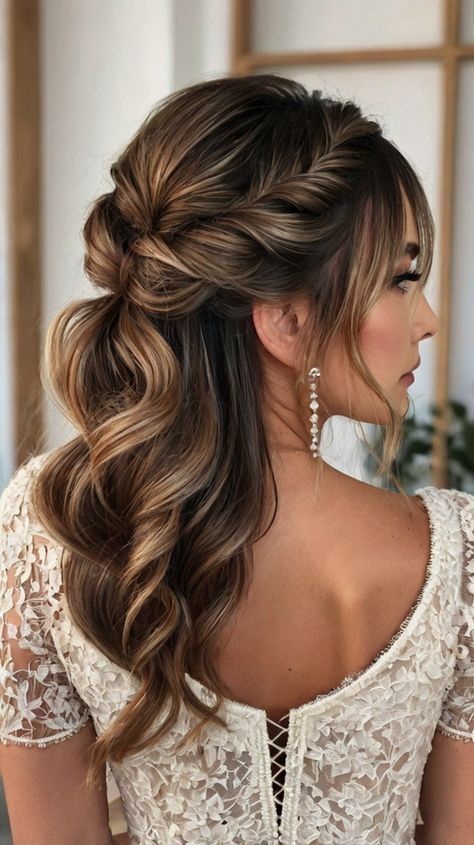 wedding hairstyles half length with bangs Half Up Half Down Prom Hairstyles Medium Length, Elegant Half Up Half Down Hairstyles Classy, Long Prom Hair, Swan Outfit, 15 Hairstyles, Formal Hair, Prom Inspo, Prom Hairstyles For Long Hair, Hair Guide