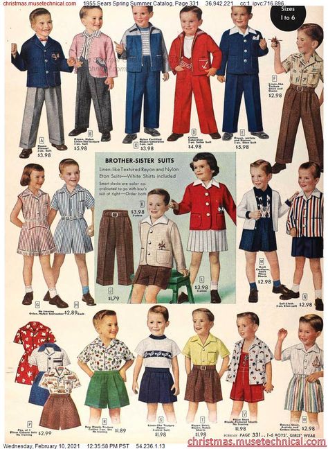 1955 Sears Spring Summer Catalog, Page 331 - Christmas Catalogs & Holiday Wishbooks Retro Kids Outfit, 50s Kids Outfits, 50s Fashion Boys, 1950s Boys Fashion, 1950s Fashion Boys, 1950s Kids Fashion, 1950s Boys, Kids Catalogs, Vintage Kids Fashion