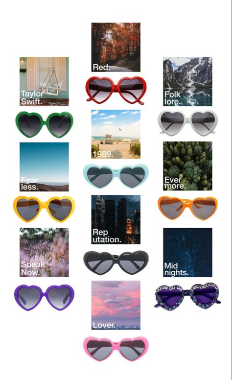 heart sunglasses for each taylor swift album Taylor Swift Accessories Diy, Matching Taylor Swift Outfits, Taylor Swift Heart Glasses, Taylor Swift Glasses, Taylor Swift Sunglasses, Taylor Swift Albums, Eras Outfits, Era Tour, Taylor Outfits