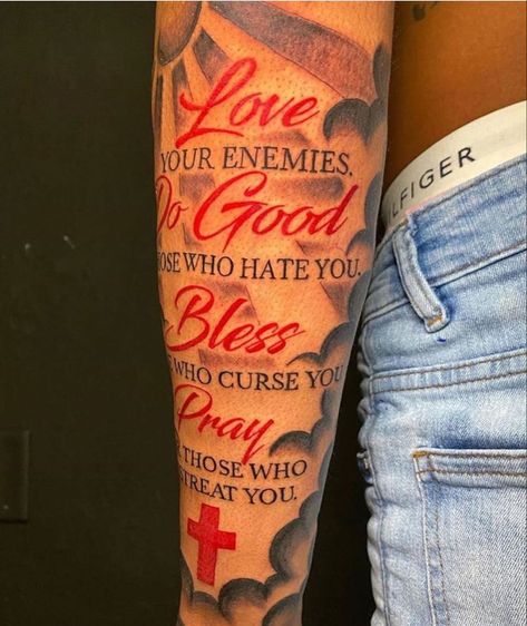 Red Bicep Tattoo, Forearm Tattoo For Lost Loved One, Forearm Tattoo Quotes For Women, Tattoo Ideas For Men Forearm Half Sleeves, Love Tattoos For Men, Mens Tattoos Ideas Forearm, Quote Tattoos For Men, Tattoos For Women On Thigh, Forearm Tattoo Girl