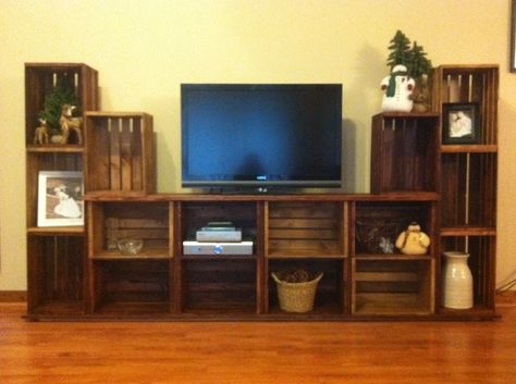 diy entertainment center out of crates | Entertainment stand made from crates. Bookshelf Entertainment Center, Crate Tv Stand, Home Entertainment Centers, Diy Entertainment, Diy Tv Stand, Crate Ideas, Dress Models, Crate Furniture, Diy Entertainment Center