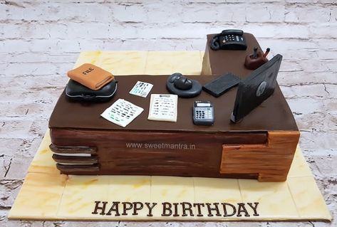 Office desk cubicle shaped 3D designer fondant cake for company boss manager's birthday by Sweet Mantra - Customized 3D cakes Designer Wedding/Engagement cakes in Pune - http://cakesdecor.com/cakes/317587-office-desk-cubicle-shaped-3d-designer-fondant-cake-for-company-boss-manager-s-birthday Work Promotion Cake Ideas, Birthday Cake For Manager, Cake For Boss Birthday, Cake For Boss Men, Boss Cake Design, Office Theme Cake, Cake For Boss, Men Birthday Cake Ideas, Boss Birthday Cake