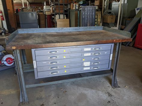 Vintage Industrial Maple Butcherblock Workbench W Flat File - Etsy Australia Steel Workbench, Work Shops, Industrial Workbench, Maple Butcher Block, Printers Drawer, Flat File, Used Cabinets, Butcher Block Top, Flat Files