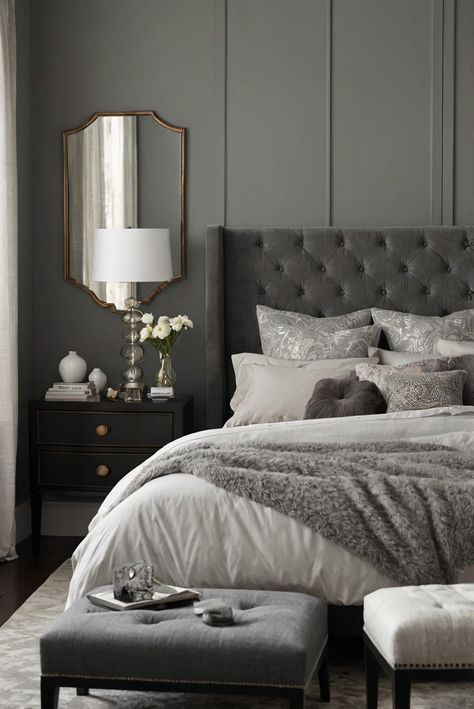 home decorating, home interior design, interior bedroom design, living room interior Light And Dark Bedroom, Dark Gray Bedroom Furniture, Gray Bedroom Furniture, Charcoal Grey Bedrooms, Dark Headboard, Lux Bedroom, Dark Gray Bedroom, Dark Bedroom Furniture, Light Furniture