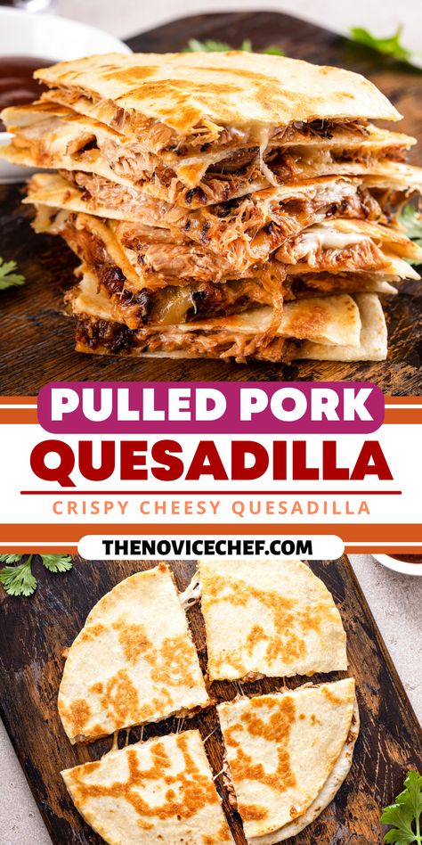 Full of melty cheese and caramelized onions, this pulled pork quesadilla is a great way to use up leftover pork and make it into a whole new dinner. Don't let its looks deceive you, though. They're super easy! Pulled Pork Cheese Fries, What To Do With Left Over Bbq Pulled Pork, Leftover Grilled Pork Chop Recipes, What To Make With Pulled Pork, Leftover Shredded Pork Recipes, Pulled Pork Leftover Ideas, Pulled Pork Mexican, Recipe Using Pulled Pork, Pulled Pork Quesadillas