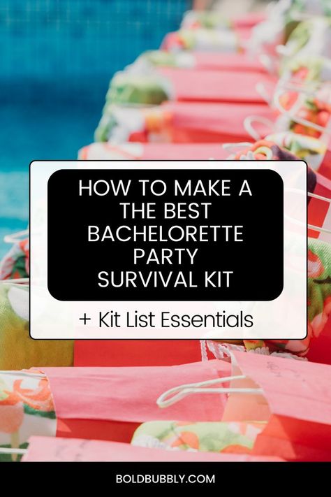 bachelorette party survival kit list Survival Kit Gifts Bachelorette Parties, Bachelorette Survival Kit Diy, Bridesmaids Essentials, Bachelorette Party Kits, Bachelorette Survival Kit, Party Survival Kit, Bachelorette Party Gift Bag, Survival List, The Bachelorette Party