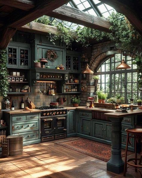 Nature Home Design, Dark Cottage Core Interior Design, Witchy Cottage Living Room, Storybook House Interior, House Inner Design, Hobbitcore Kitchen, Outlander House Aesthetic, Woodshop Aesthetic, Real Homes Interiors