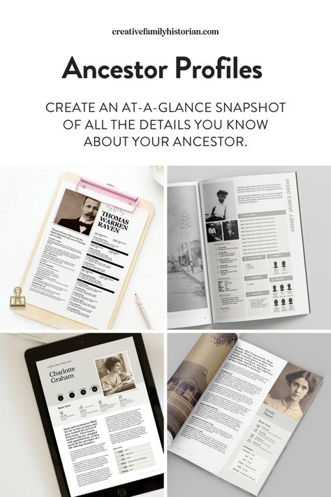 Ancestor Profiles are a fantastic way to create an at-a-glance snapshot of all the details you know about your ancestor. Check out the different designs in the Family History Summary (top left), Classic Family History Book (top right), Minimalist Family History Pages (bottom left and right). Shop the template to grab a family history template for you next project. Family History Book Ideas, Family History Questions, Family History Book Layout, Family History Printables, History Template, Family History Crafts, Genealogy Templates, Genealogy Crafts, Family Tree Book