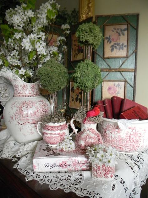 Displaying Dishes, Transferware Dishes, Red Transferware, Red Toile, English Decor, Red Cottage, China Pottery, Beautiful China, Romantic Homes