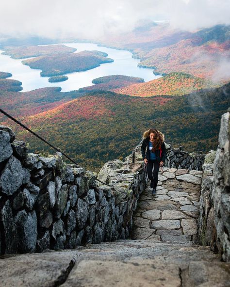 Lake Placid as we climbed granite steps to the summit of Whiteface mountain, the fifth highest in New York. On a clear day they say you can see all the way to Montreal! At the top there's a small castle built from native stones and even an elevator for people with disabilities (a first I've seen on a mountain), but I definitely recommend the stairs route if you can Granite Steps, Moody Clouds, Whiteface Mountain, Camping Places, Lake Placid, Hawaii Travel, Best Vacations, Vacation Spots, Travel Usa