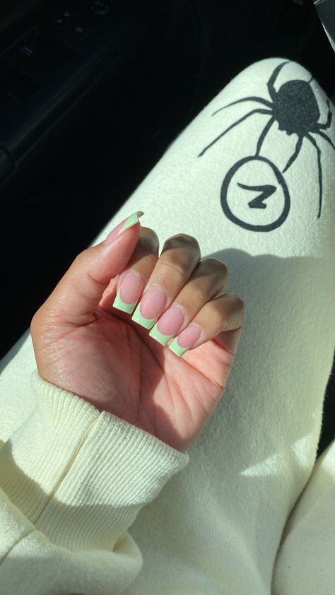 Matcha Acrylics, Square French Tip Acrylic Nails Colorful, Square French Tip Acrylic Nails Color, Pale Green French Tips, Pastel Green Nails French Tip, Solid Color French Tip Nails, Light Green French Tip Nails Square, Pastel Green Tip Nails, Coffin Green French Tip Nails