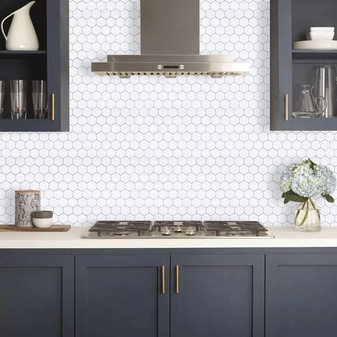 Kitchen Hexagon Backsplash, White Hexagon Backsplash Kitchen, Honeycomb Backsplash Kitchen, Hexagon Backsplash Kitchen, White Hexagon Backsplash, Camper Wall Decor, White Hexagon Tile, Stick On Kitchen Backsplash, Honeycomb Backsplash