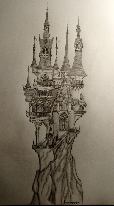 Big Things To Draw Easy, Building Drawings Easy, Fantasy Door Drawing, Floating Castle Drawing, Palace Drawing Easy, Castle Drawing Sketches, Fantasy Castle Drawing, Castle Sketch, Easy Drawing Step By Step