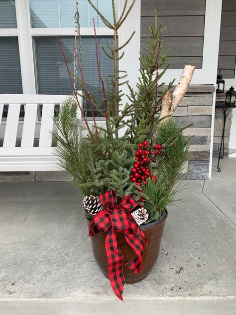 Greenery Pots Front Porches, Making Christmas Porch Pots, Fresh Greenery Christmas Decor Outside, Holiday Containers Front Porches, Holiday Porch Pots Diy, Diy Holiday Porch Pots, Xmas Porch Decor Ideas Pots & Planters, Diy Winter Porch Pots, Outdoor Christmas Greenery Pots