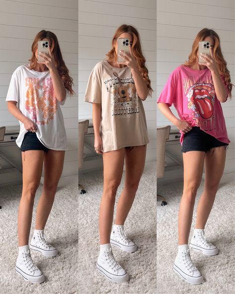 Time and Tru Women's Short Sleeve … curated on LTK High Top Converse Outfits, White Shoes Outfit, Converse Outfits, Shoes Outfit, Outfits With Converse, Short Cut, Converse High Tops, White Shoes, High Top