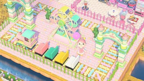 Carnival Floor Animal Crossing, Pastel Path Acnh, Aesthetic Animal Crossing House, Acnh Kidcore Island Ideas, Fair Animal Crossing, Kidcore Animal Crossing Ideas, Acnh Funfair, Animal Crossing Fair, Pastel Kidcore Acnh