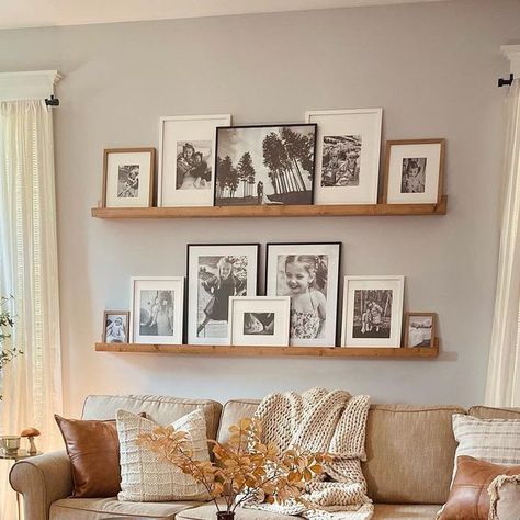 Check more at https://creativedecordesign.com/2024/06/13/12327/ Pictures On Wall Shelf, Photo Shelf Behind Couch, Next To The Tv Decor, Back Of Living Room Ideas, Picture Wall Living Room Farmhouse, How To Style Wall Decor, Gallery Wall On Shelf, Family Photo Home Decor, Frames On Floating Shelves